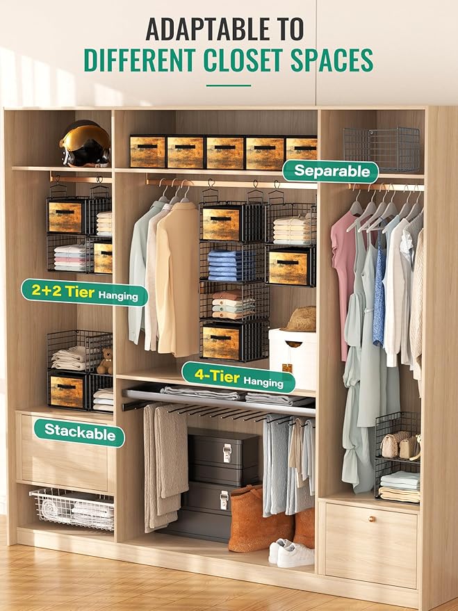 Hanging Closet Organizer with Drawers, 4 Tier Metal Closet Organizers and Storage with 4 Hanging Hooks 4 S-Hooks for Wardrobe