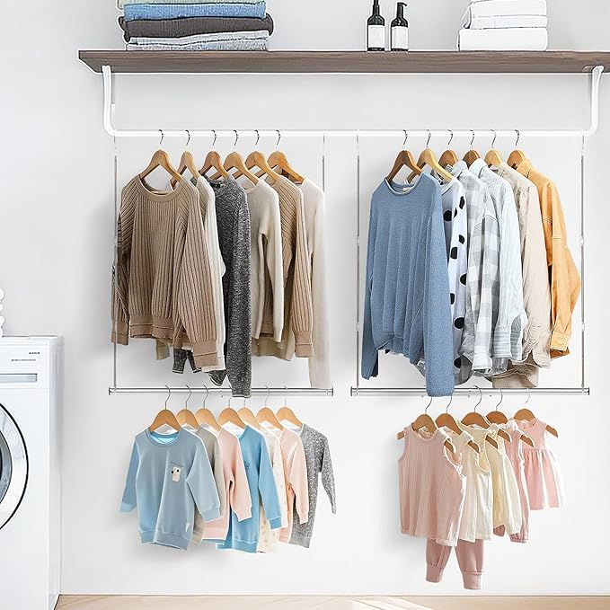STORAGE MANIAC Hanging Closet Rod, Adjustable Width and Height Closet Hanging Organizer, Space-Saving Clothes Hanging Bar, Cl