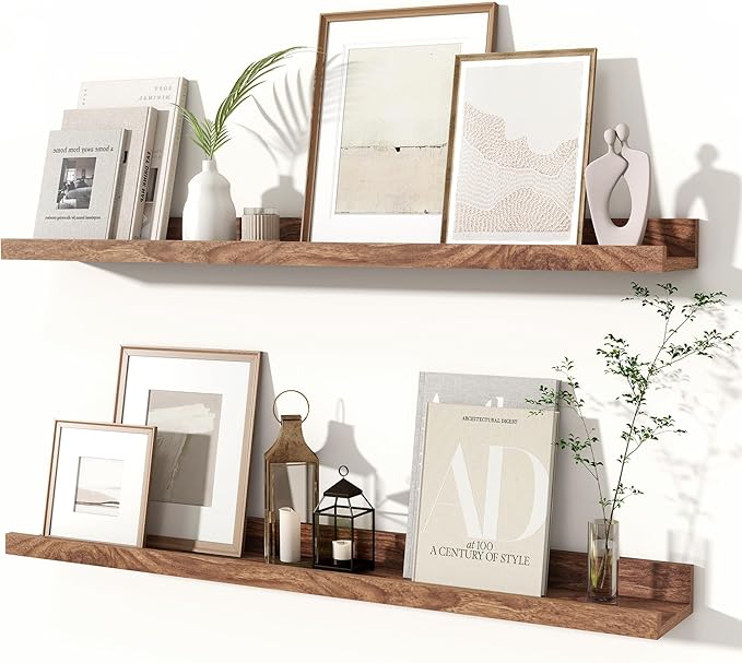 Fun Memories Picture Ledge Shelves Set of 2, 32 Inch Rustic Wall Mounted Floating Shelves with Lip for Home Storage and Décor