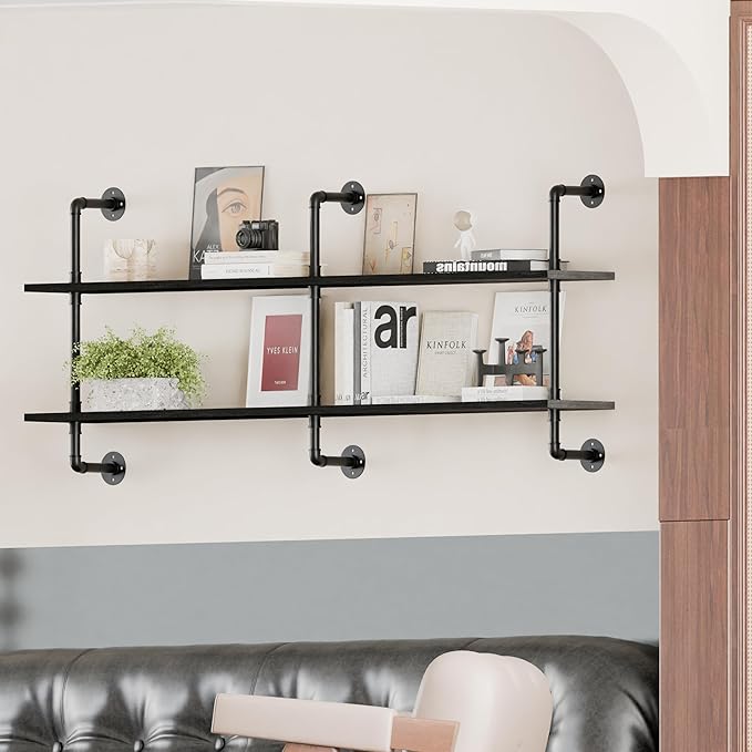 Industrial Pipe Shelf Shelving Bookcase, Wall Mounted Rustic Bookshelf, Floating Bookshelves for Wall,Retro Wood Metal Pipe I