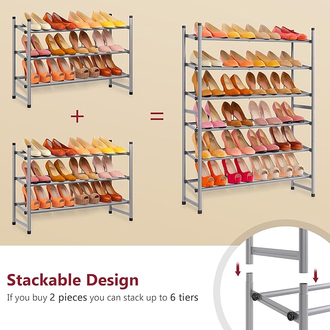 Tajsoon Expandable Shoe Rack for Closet 3 Tier, 28“-41“Adjustable & Stackable Shoe Shelf Storage, Metal Shoe Rack Organizer f