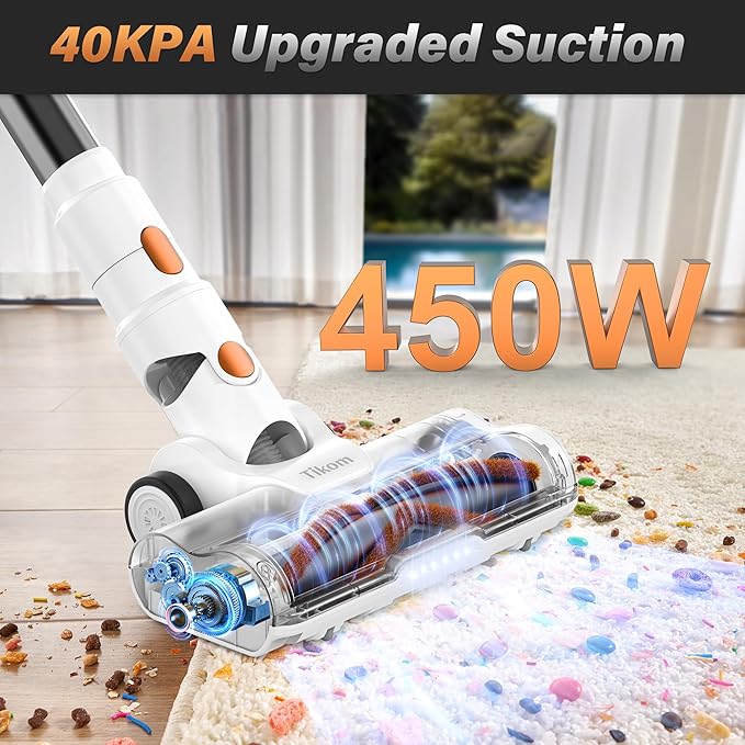 Tikom V500 Cordless Vacuum Cleaner for Home, 40000Pa/450W Stick Vacuum with LED Touch Screen, Charging Wall Dock, Anti-Tangle