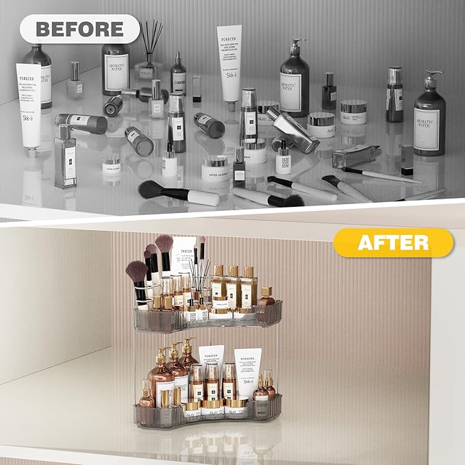 Asayuee 2-Tier Corner Bathroom Counter Organizer with Top Toothbrush Holders,Large Makeup Organizer Countertop with Brush Hol