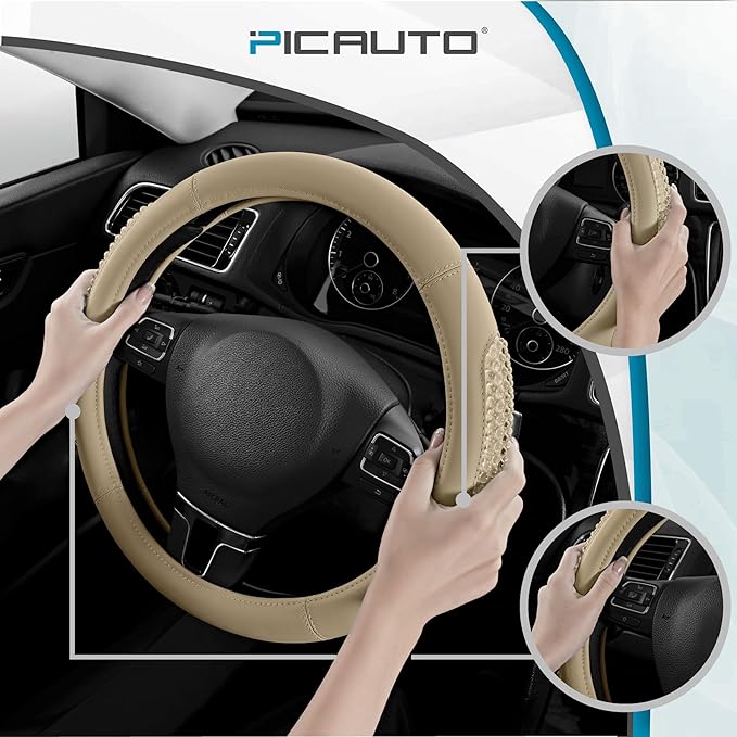PIC AUTO Steering Wheel Cover, Glitter Gel Particles & Beige Luxury Leather Car Steering Cover, Universal Fit 14.5"-15.5" Ant