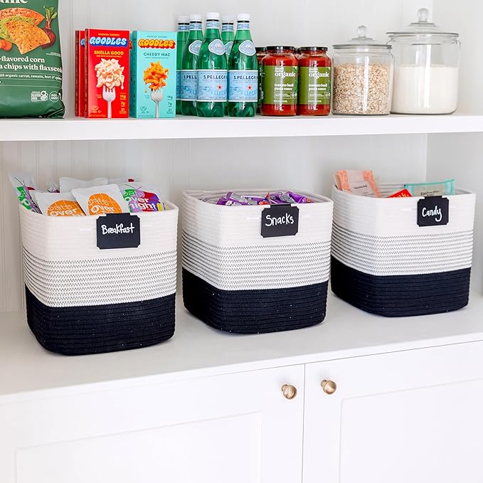 NaturalCozy Storage Cubes 11 Inch Cotton Rope Woven Baskets for Organizing, 3-Pack | Cube Storage Bin | Square Storage Basket