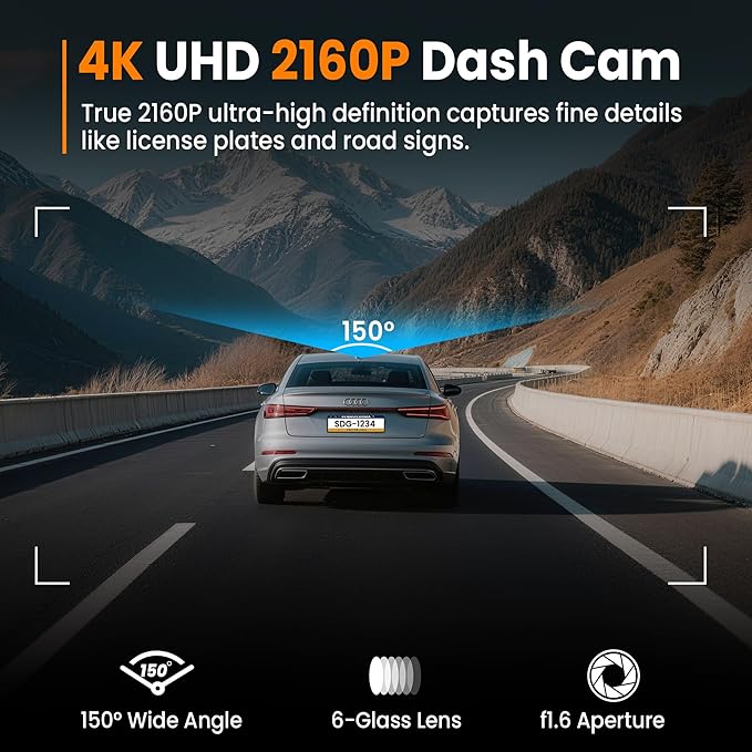 4K Dash Cam Front with Built-in WiFi, Dash Camera for Cars, 32GB Card Included, Super Night Vision Dash Camera, Loop Recordin