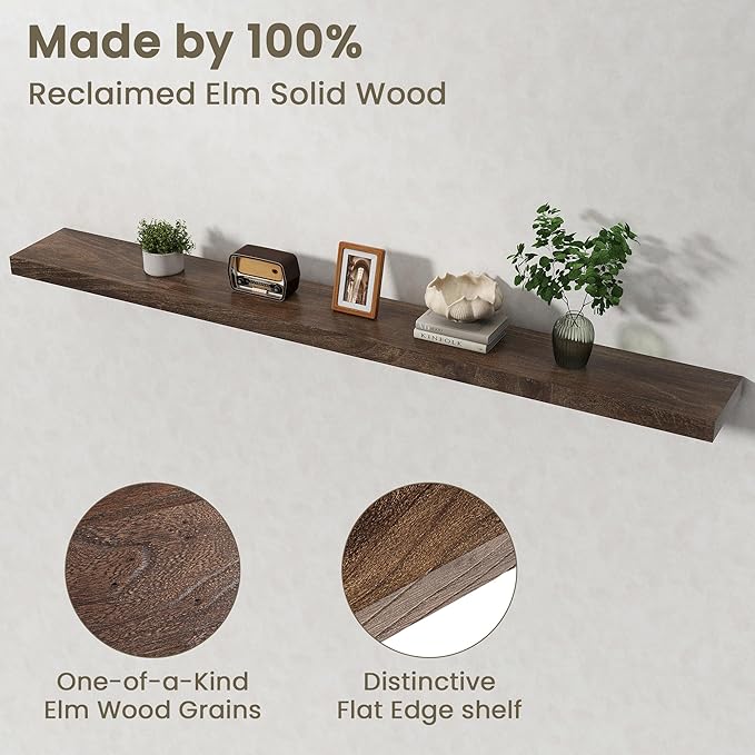 Fun Memories Solid Elm Wood Floating Shelves Set of 1-72 Inch Rustic Wall Shelves with Heavy-Duty Invisible Brackets - for Li