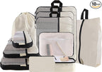 U+U 10 Set Compression Packing Cubes - Ultralight Cream Travel Organizers with Laundry Bag, Space-Saving Suitcase Organizer, 