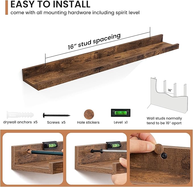 Fun Memories Picture Ledge Shelves Set of 2, 32 Inch Rustic Wall Mounted Floating Shelves with Lip for Home Storage and Décor