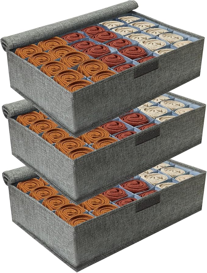 PINGMIC Gray Sock Organizer Divider 3 Pack with Lid - 30 Cell Foldable Closet Storage, Tie Organizer For Men Boxes for Socks,