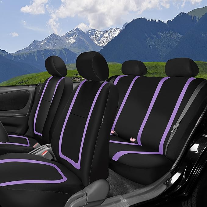 FH Group Unique Flat Cloth Full Set Car Seat Covers w. Silicone Steering Wheel Cover- Universal Fit for Most Cars, Trucks, SUVs or Vans (Purple/Black)