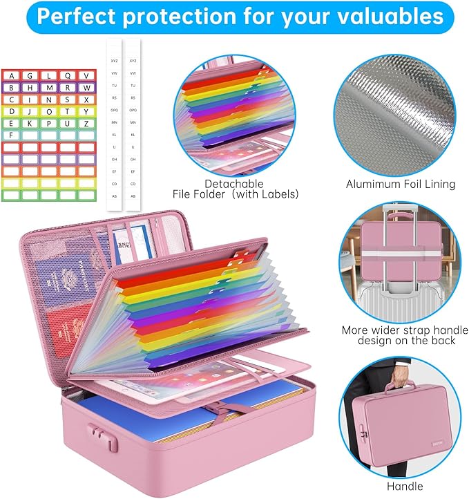 ENGPOW Fireproof File Organizer Bag with 13 Colorful Pockets Accordion File Folder,5200℉ Document Organizer Box with Lock&Lab