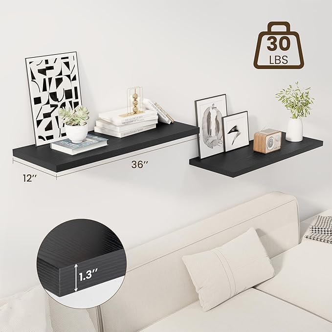 Dreamland 36" Floating Shelves for Wall, 12" Deep Slim Black Floating Shelves, Wall-Mounted Shelves for Bedroom, Living Room,