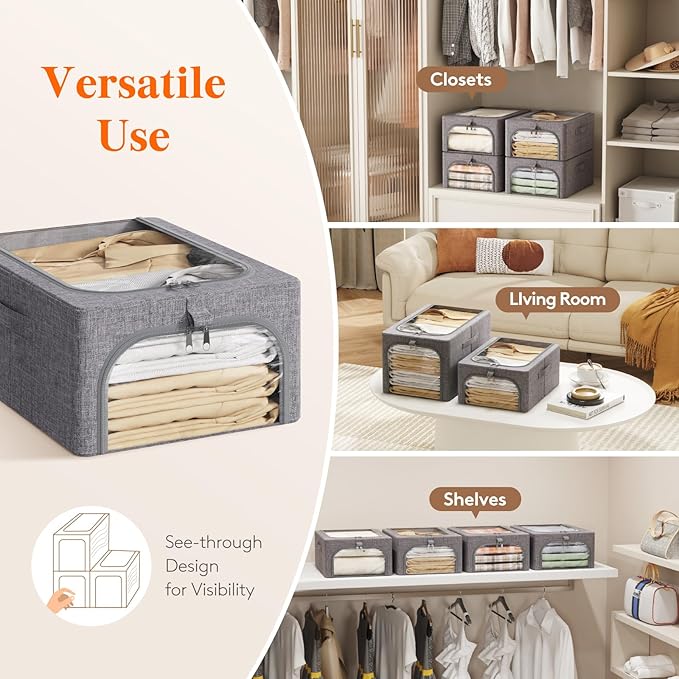 Lifewit Clothes Storage Bins with Metal Frame 3 Pack, Fabric Stackable Storage Bags with Lids, Zipper, Foldable Clost Organiz