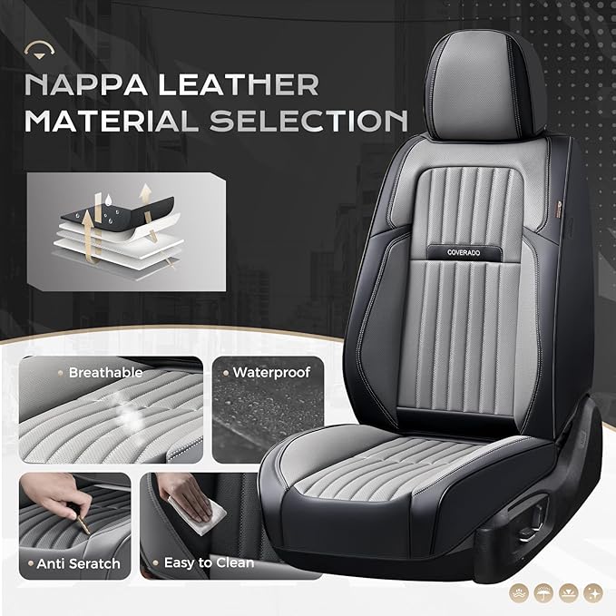Coverado Car Seat Covers Front Seats, Seat Covers for Cars, Car Seat Protector, 2-Pack Car Seat Cushion Nappa Leather, Waterp