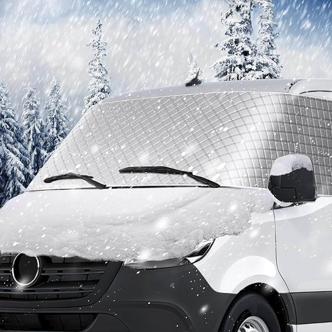 BougeRV RV Windshield Window Snow Cover for Class B Dodge Mercedes Sprinter (2006-2015) for Front Window Sunshade Accessories with Mirror Cutouts, Silver
