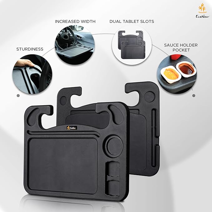 EcoNour 4 in 1 Car Steering Wheel Tray - 2026 Upgraded Tray with Dual Sauce Dip Holder and Tablet Holder | Spacious Steering Wheel Desk for Food and Laptop | Car Accessories (Large)