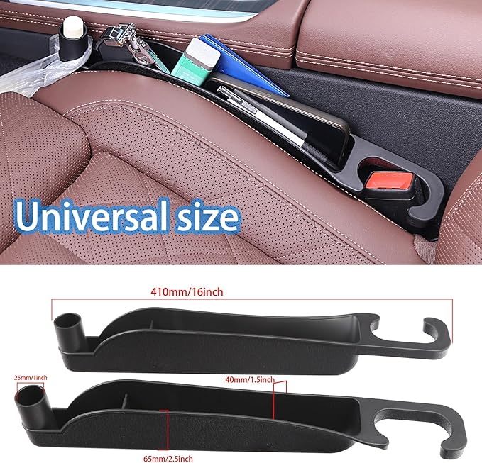 Supin Car Seat Gap Filler Set of 2, Multifunctional Seat Side Gap Filler with Organizer & Hook Function& 2 Storage for Stabilizing Phone,Keys Wallet, Fill The Gap Between Seat & Console (Black)