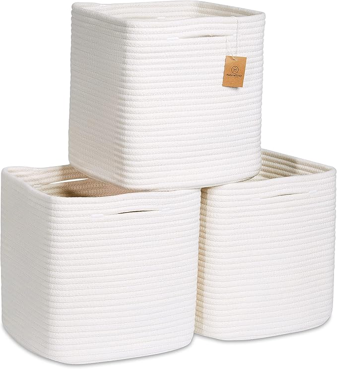 NaturalCozy Storage Cubes 11 Inch Cotton Rope Woven Baskets for Organizing, 3-Pack | Cube Storage Bin | Square Storage Basket