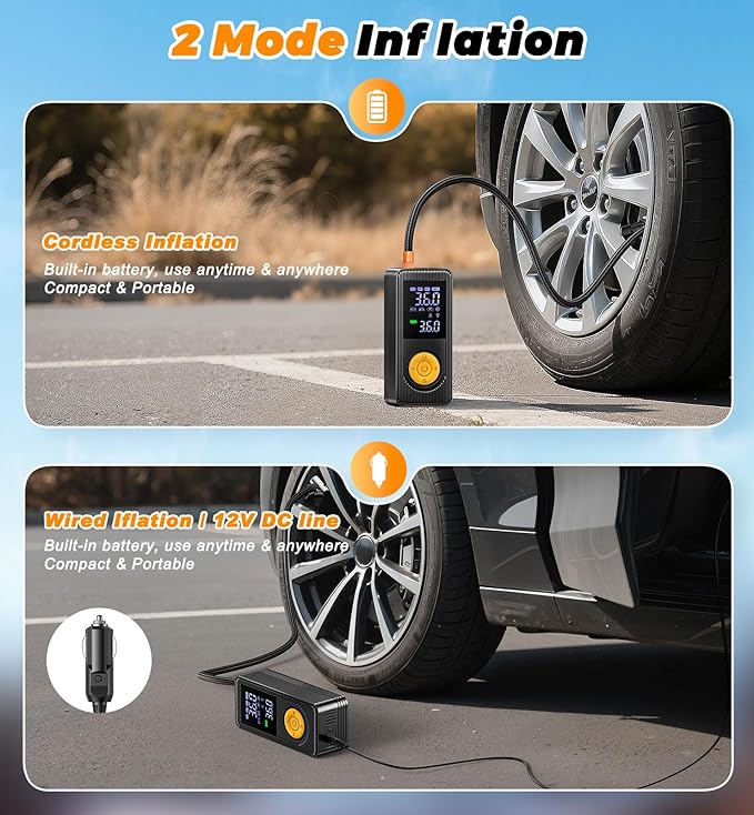 Tire Inflator Portable Air Compressor - 150 PSI 4X Fast Inflation Rechargeable Battery & 12V DC Adapter Powered Air Pump for Car Bike Motorcycle Tires Balls with LCD Display, LED Light