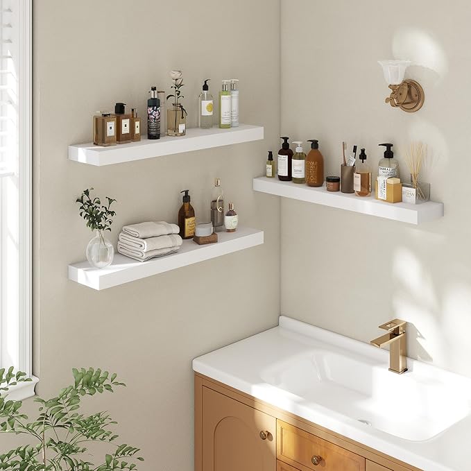 30 Inch Floating Shelves | 6.5 Inch Deep White Floating Shelves Set of 2 | 30" W x 6.5" D Rustic White Wood Wall Shelves with