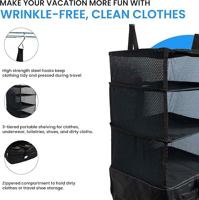 Grand Fusion Stow-N-Go Packing Organizer for Luggage, Portable Hanging Travel Shelves, Carry-On Closet, Hanging Packing Cubes