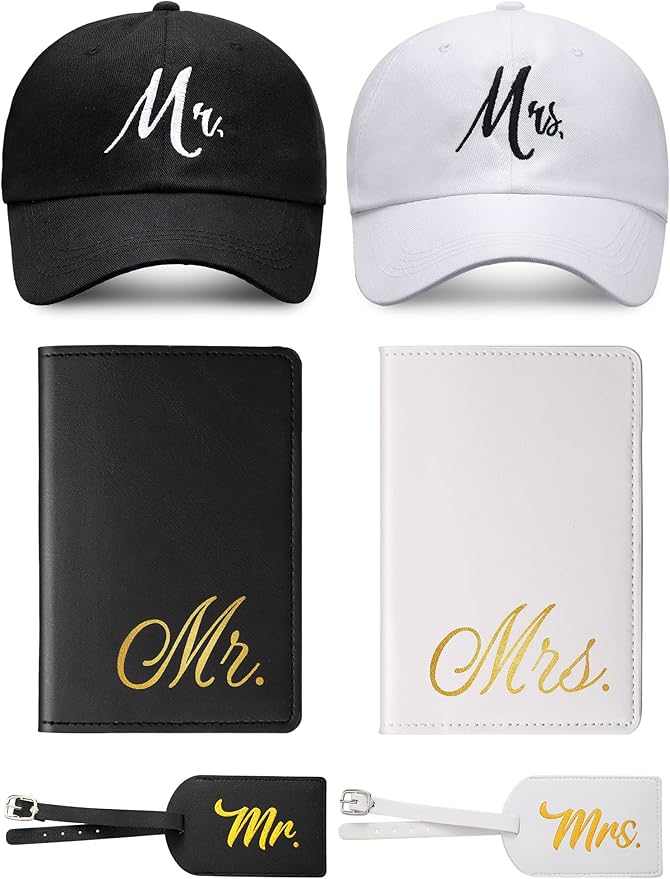Jeyiour 6 Pieces Mr and Mrs Gifts Set for Couple Including Bride Baseball Caps Groom Mr and Mrs Luggage Tags Passport Covers 