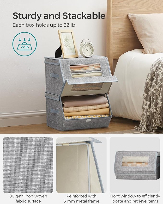 SONGMICS Stackable Storage Bins Set of 2, Storage Boxes with Lids and Front Windows, Non-Woven Fabric Closet Organizers with 