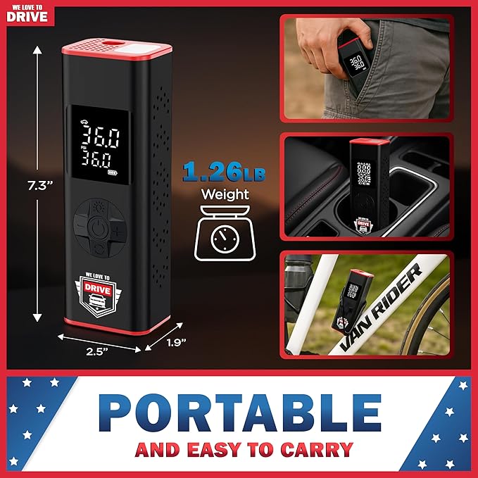 Tire Inflator Portable Air Compressor with LED Light – 12V DC Cordless Air Pump & Auto Shut-Off Function, 150 PSI Electric Air Pump for Car Tires with Digital Tire Pressure Gauge and Car Accessories