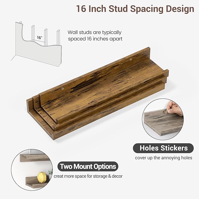 Axeman Picture Ledge Shelf | 16 Inch Brown Floating Shelves Set of 3 | Rustic Brown Wood Wall Shelves with Lip | 16" Picture 
