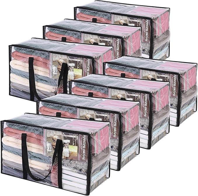 Vieshful 7 Pack Clear Comforter Storage Bag, 60L Clothes Storage Bag with Zipper Closet Organizer, Plastic Storage Containers