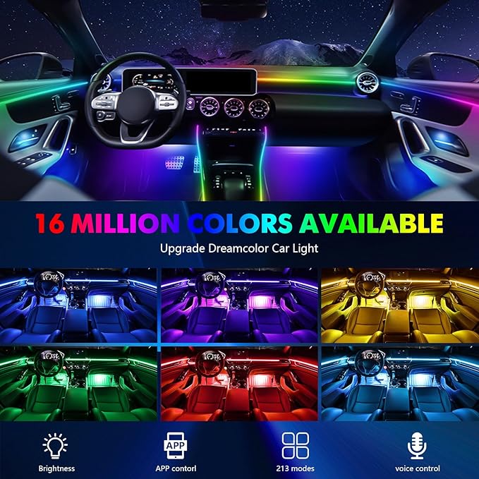 2026 Upgraded Acrylic Interior Car LED Strip Light Dual-Zone Wireless App, 2 in 1 with 43.3inch + 9.8inch Fiber Optic Strip Lights, Dynamic Chasing Music Sync Neon Car Ambient Lighting Kits