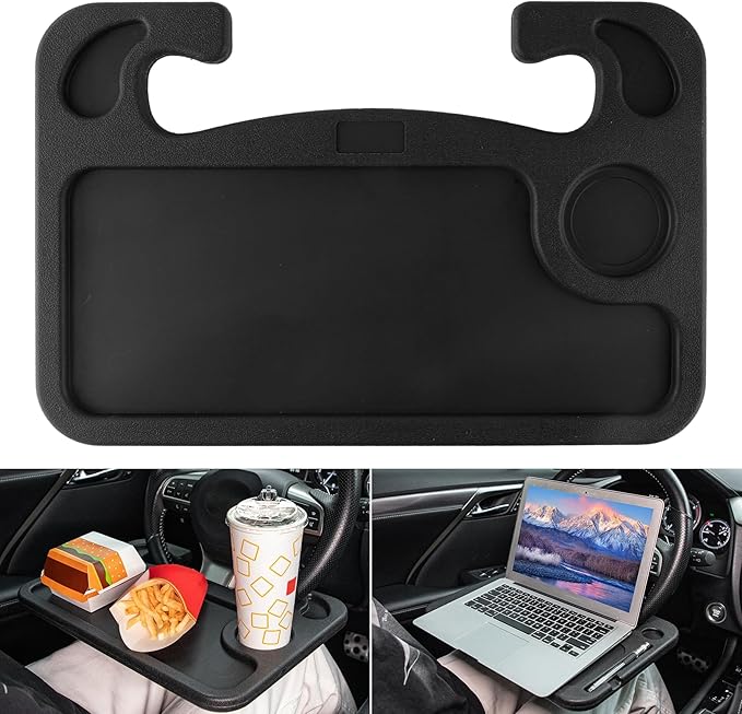 Steering Wheel Desk Tray for Volvo V90 Facelift 2020, Driver Seat Laptop Mount Portable Food Eating Table Travel Accessory Black Plastic