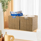 Vagusicc Wicker Baskets, Set of 2 Hand-Woven Storage Baskets for Shelves with Handles, Foldable Cube Wicker Storage Basket Bi
