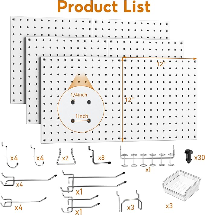 Peg Board, 70PCS Heavy Duty Metal Pegboard with Hooks, 6 Pack White Peg Board Panels, 50lbs Load Capacity Each, Pegboard Wall