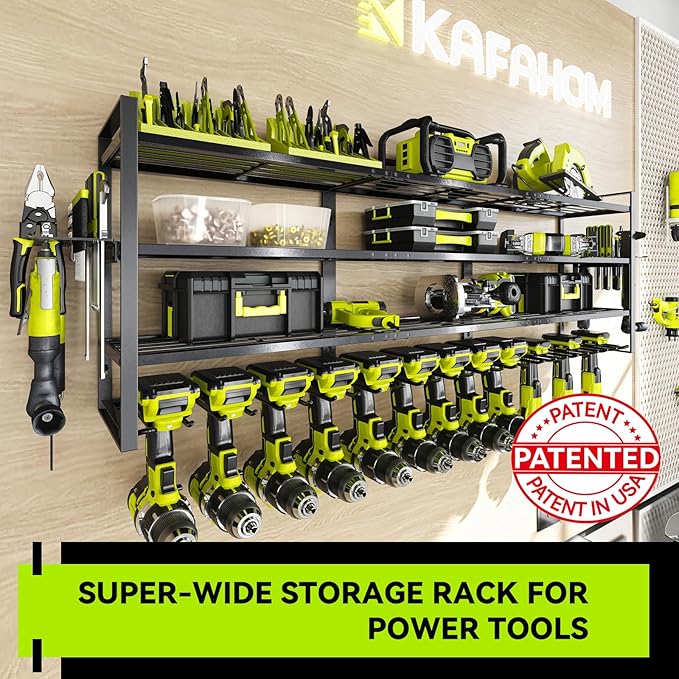 KAFAHOM Large Power Tool Organizer Wall Mount-13 Drill Holder for Garage,4 Layer Power Tool Rack,Tool Organizer and Storage w