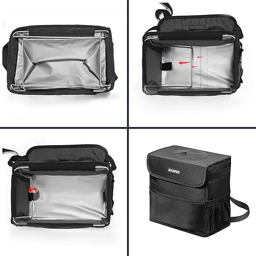 Ryhpez Car Trash Can with Lid - Car Accessories for Women Men, Vehicle Trash Bin Storage Bag, Truck Garbage Can Foldable with Metal Rack Support for Back Seat Hanging (2.4 Gallon/9L)