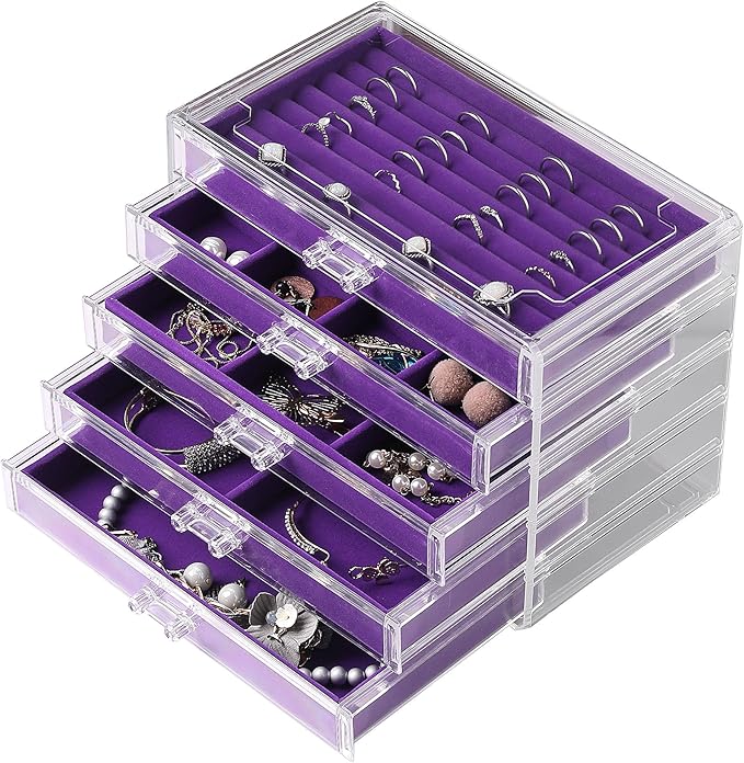 Frebeauty Extra Large Acrylic Jewelry Box for Women 5 Layers Clear Jewelry Organizer Velvet Earring Box with 5 Drawers Rings 