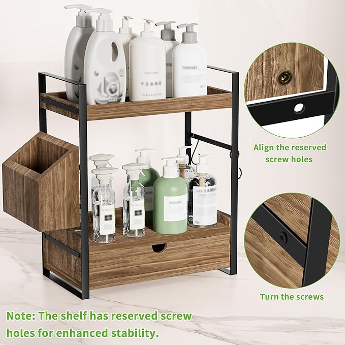 2-Tier Bathroom Counter Organizer with Drawer and Basket, Wood Countertop Organizer for Storage, Skincare Organizers for Vani