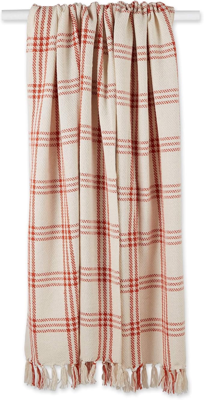 DII Modern Farmhouse Plaid Collection Cotton Fringe Throw Blanket, 50x60, White/Vintage Red