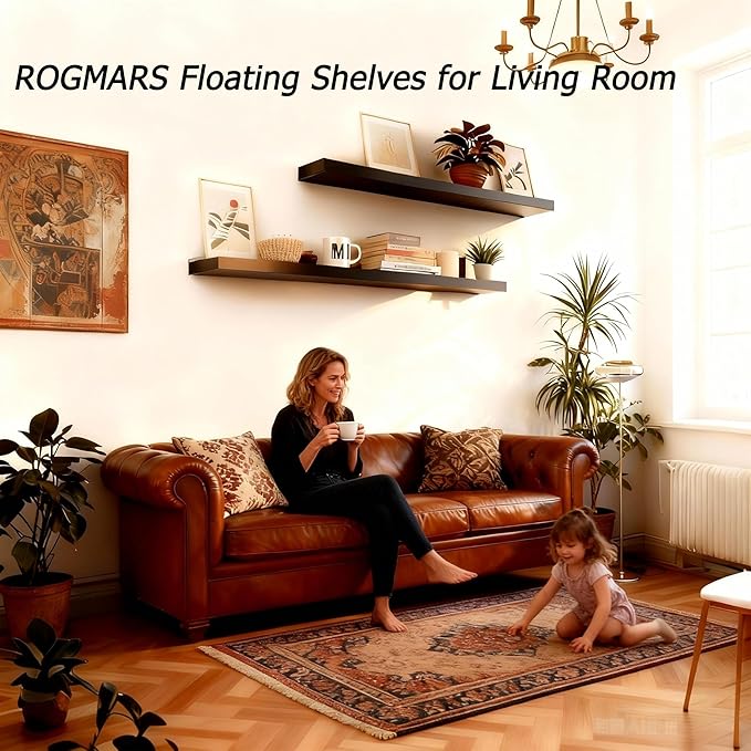 ROGMARS 36 Inches Long Black Floating Shelves,Rustic Solid Wood Farmhouse Wall Shelves with Invisible Brackets for Bathroom, 