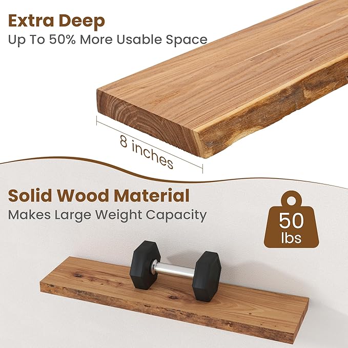 Floating Shelves for Wall Decor, Rustic Solid Elm Wood Live Edge Floating Shelves Wall Mounted, Wall Shelves with Invisible B