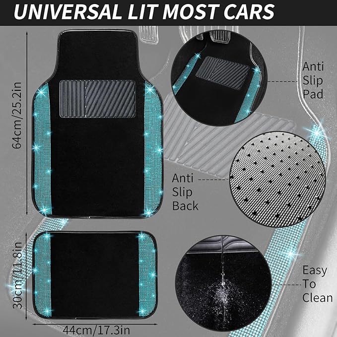 NBTEPEM Bling Car Floor Mats Full Set and Steering Wheel Cover, Universal Fit Most Cars, 4 pcs Sparkle Glitter Diamond Carpet, 5 pcs Bling Car Accessories Set for Women (Aquamarine Diamond)