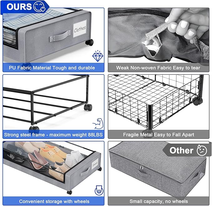 Beborxue Under Bed Storage with Wheels, 4-Pack Underbed Storage Containers with Clear Lids, XXL 60L Under the Bed Storage Org