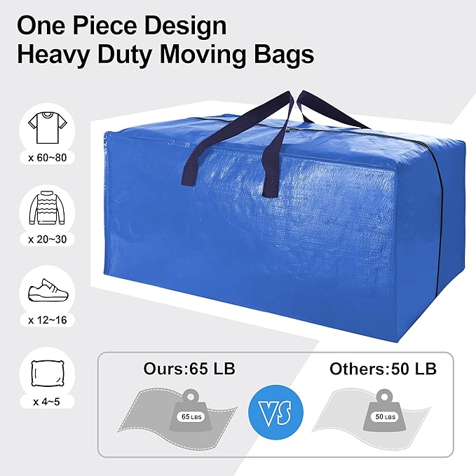 VELVETSURE 12 Pack Heavy Duty Extra Large Moving Bags W/Backpack Straps - Strong Handles & Zippers, Storage Totes For Space S