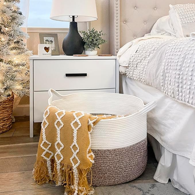 INDRESSME XXXLarge Blanket Basket for Living Room 21.7" x 21.7" x 13.8"-Storage Basket with Handle for Organizing Toy Pillows