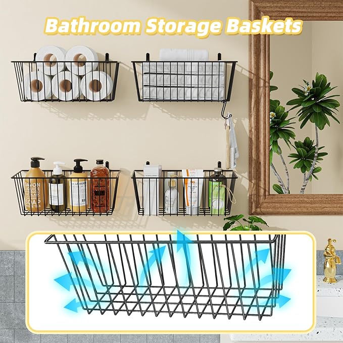 Simple Trending 6 Pack Wire Basket Wall Mount Baskets Hanging Baskets, Cabinets Organizer and Storage with Hooks for Kitchen,