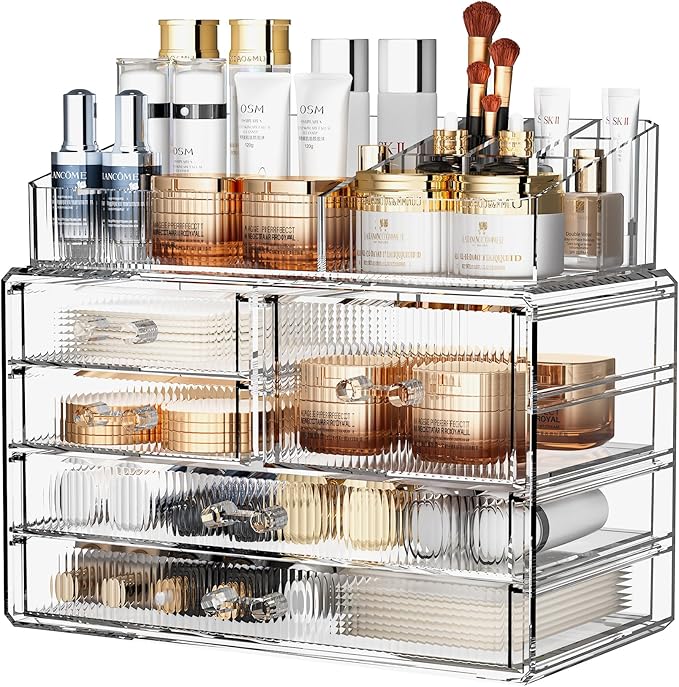 ZHIAI Stackable Storage Drawers, Acrylic Bathroom Counter Organizer Clear Makeup Organizers for Vanity, Kitchen Cabinets, Bat