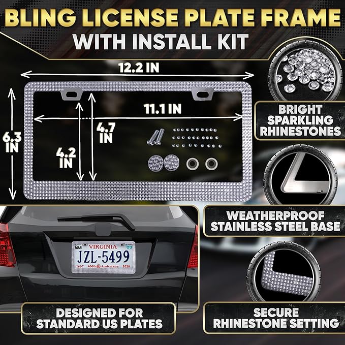 Bling Car Accessories Set 27 Pieces – Silver Steering Wheel Cover, Diamond License Plate Frame, Rhinestone Interior Car Decor, Cup Holders, Hooks, Universal Fit, Great Gift for Auto Lovers