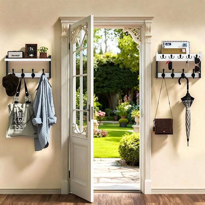 35'' White Coat Rack Wall Mount with Shelf, Solid Wood Coat and Key Hanger with 13 Metal Hooks, Farmhouse Wall Organizer for 